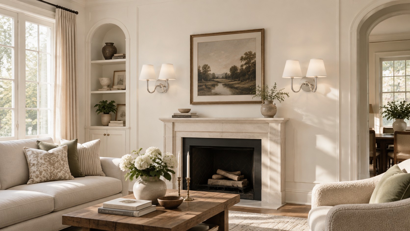 Daytime living room with the same Tansy sconces unlit beside the fireplace