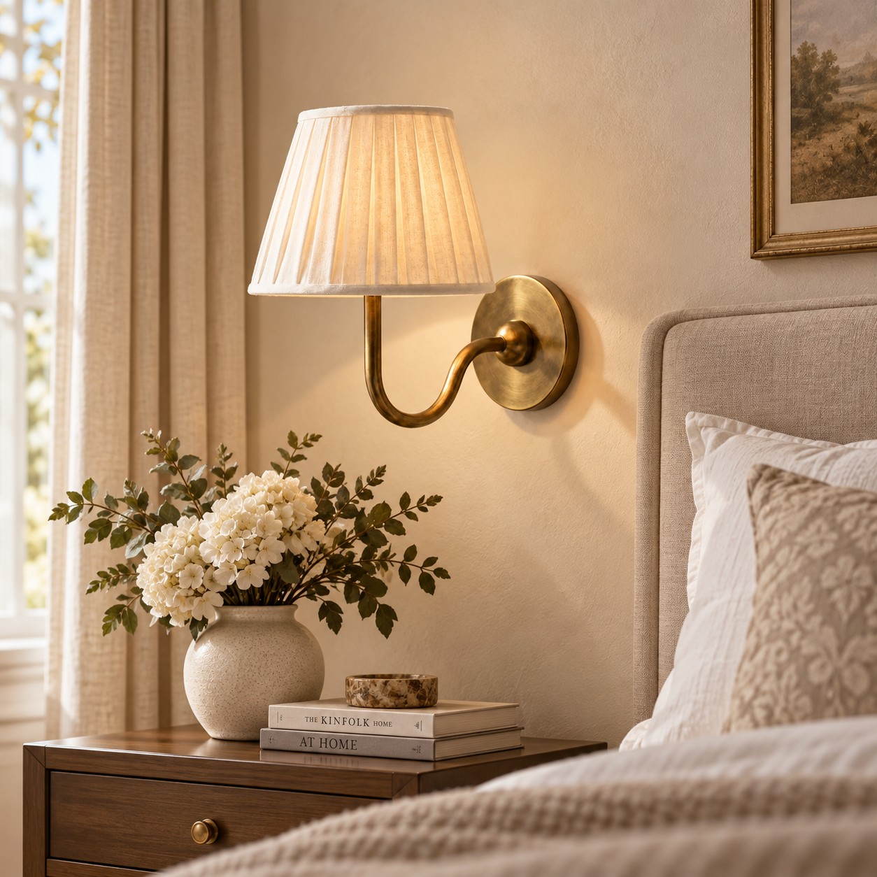 Single Tansy brass sconce used as bedside reading light