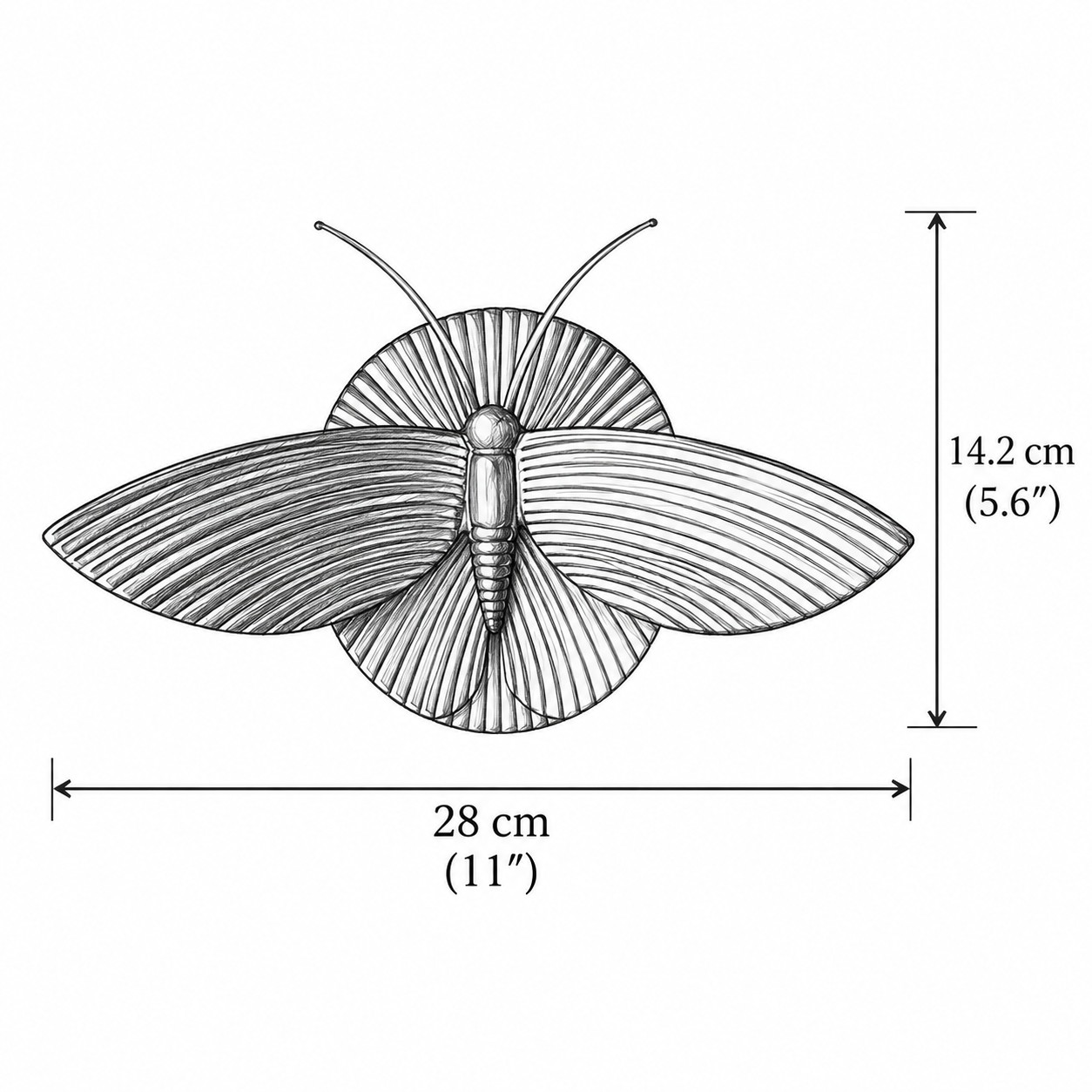 Dimension drawing: 11 in / 28 cm wide and 5.6 in / 14.2 cm high
