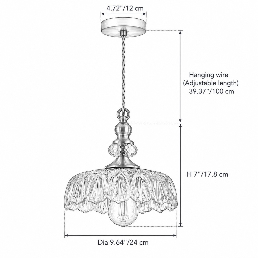 Dimension drawing: 9.64 in / 24 cm shade diameter and 7 in / 17.8 cm fixture height