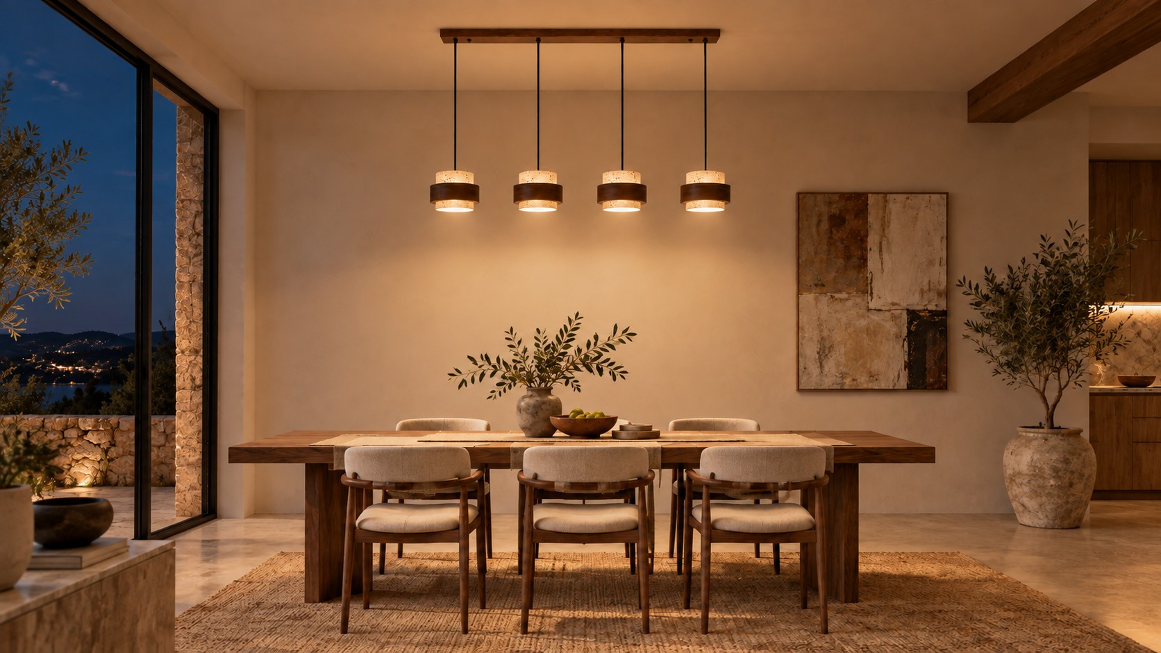 Siena four-head pendant over the same dining table after dark, lights on