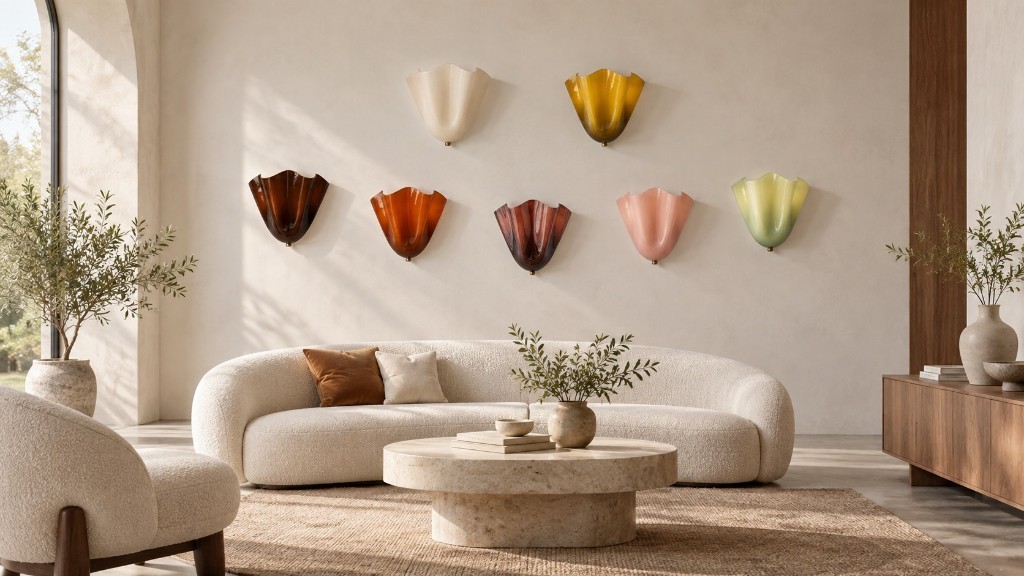 Seven Bellina glass wall sconces in beige white, amber, mocha, brown, wine red, pink, and green on a living-room wall