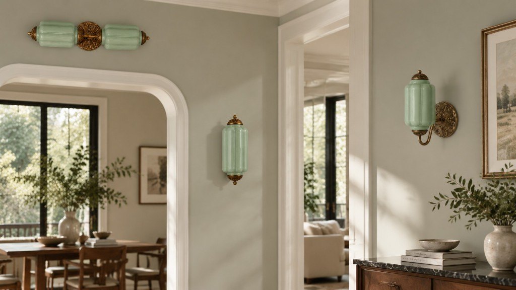 Eloise lantern, wall sconce, and vanity bar in a sunlit hall, lights off