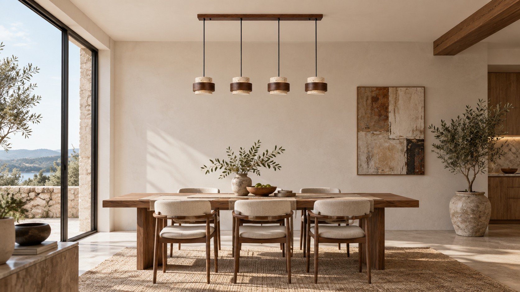 Siena four-head pendant over a sunlit dining table, lights off
