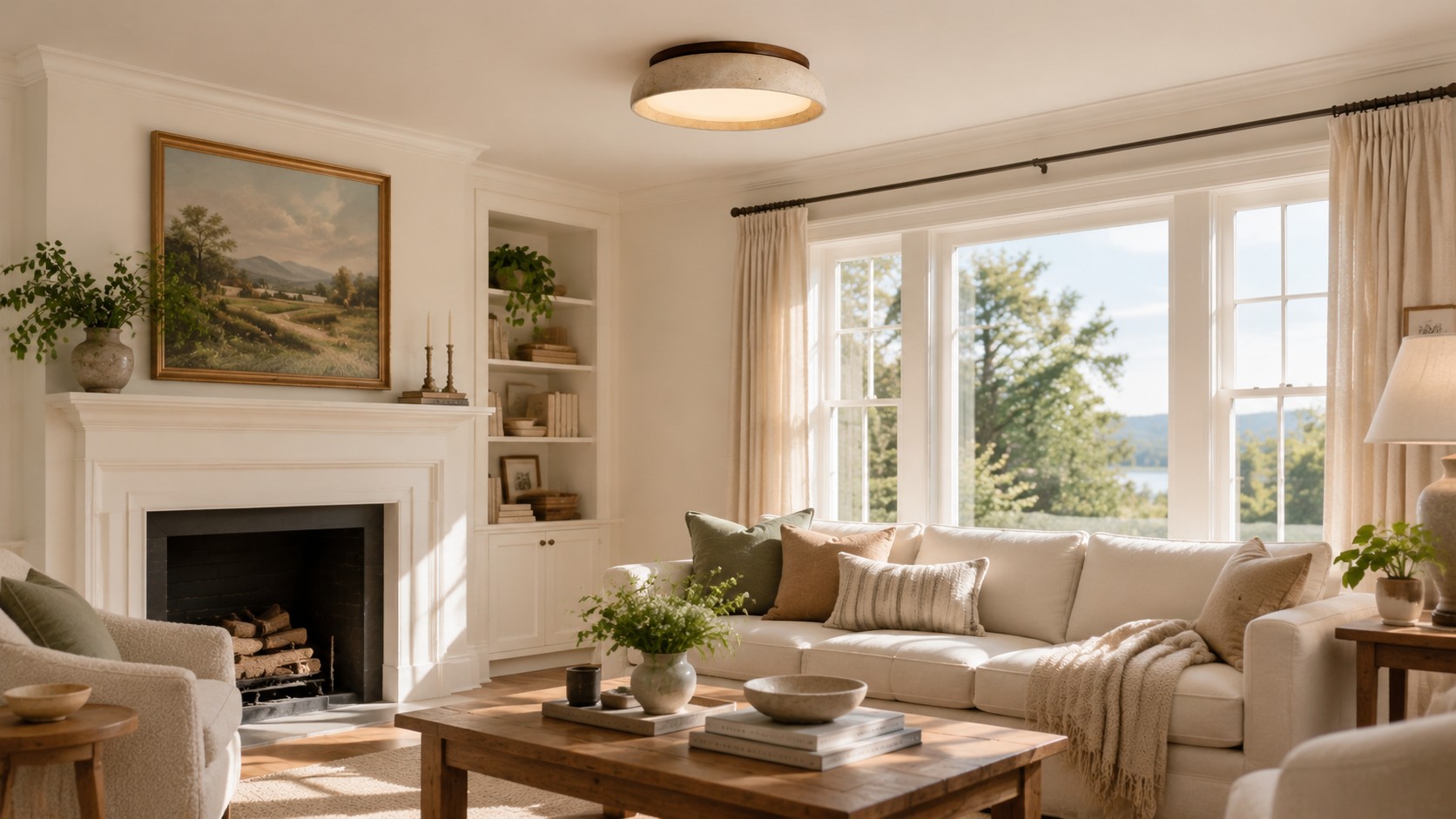 Orla shallow-drum flush mount on a sunlit living-room ceiling, lights off
