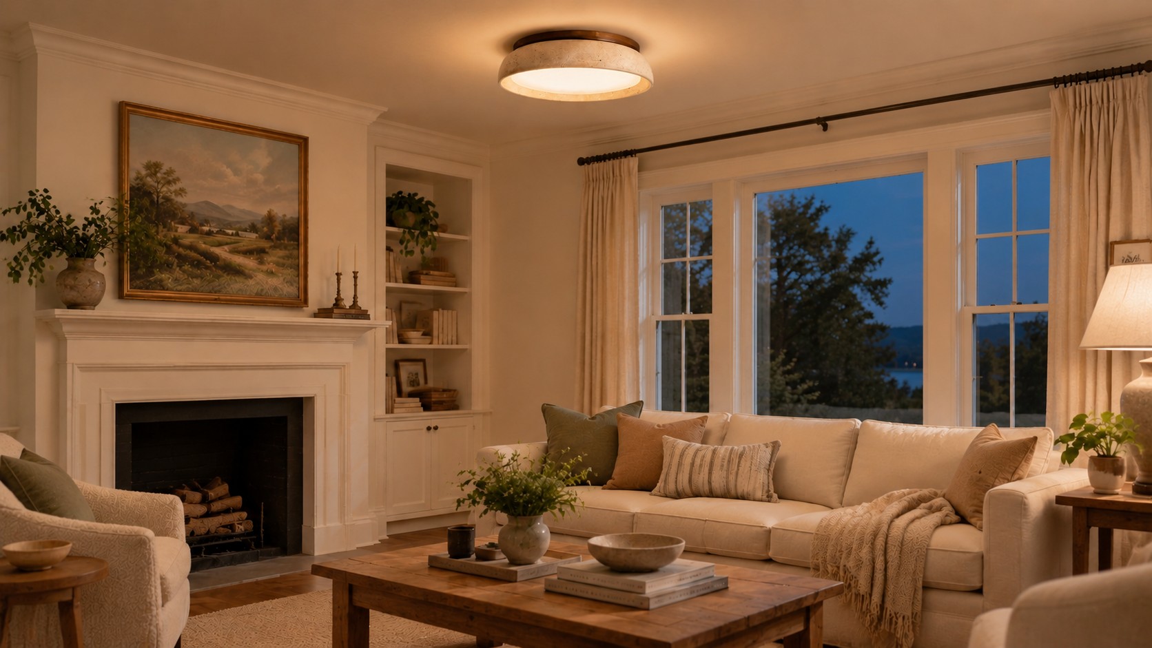 The same living room after dark, Orla glowing warm against the ceiling