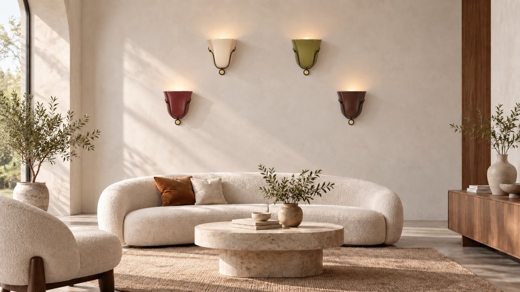 Four Bellina ceramic wall sconces with iron straps glowing above a curved sofa