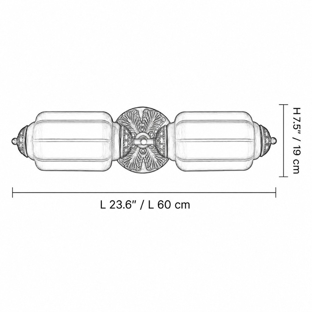2 Heads dimension drawing: 23.6 in / 60 cm long, 7.5 in / 19 cm high