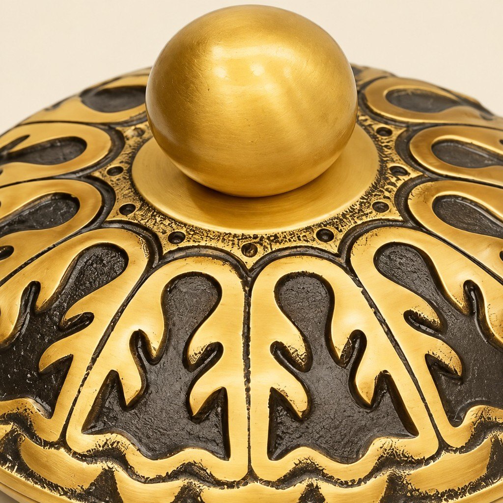 Cast brass cap with a ball finial and floral inlay