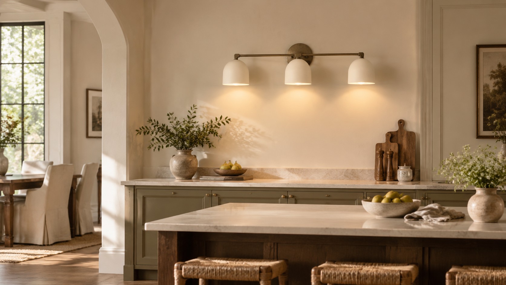 Maren three-light wall light in a warm kitchen