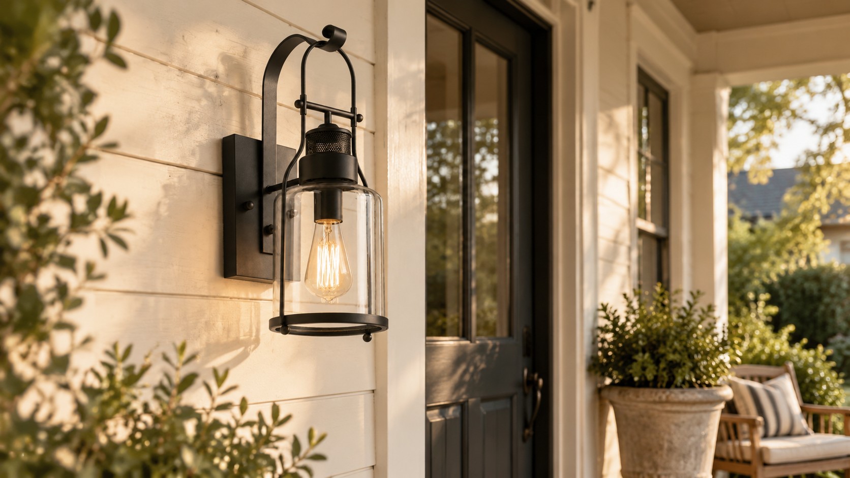 Holt iron jar wall sconce on a white porch beside a black farmhouse door