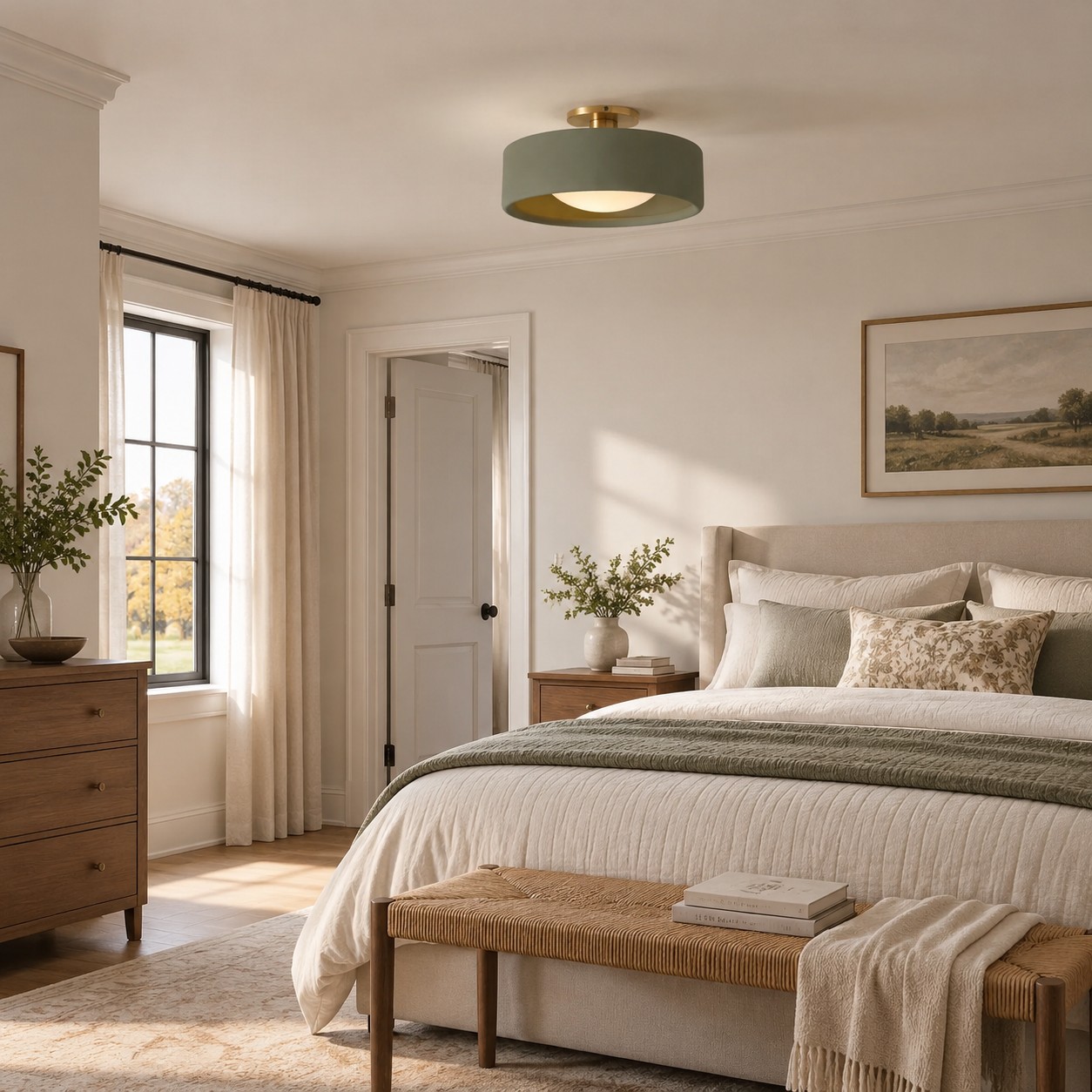 Sage drum over a quilted bed