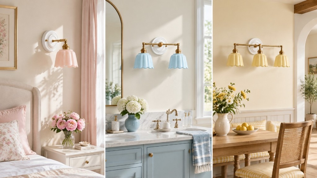 Pink one-light, blue two-light, and yellow three-light Lior ceramic flower wall sconces in daylight rooms