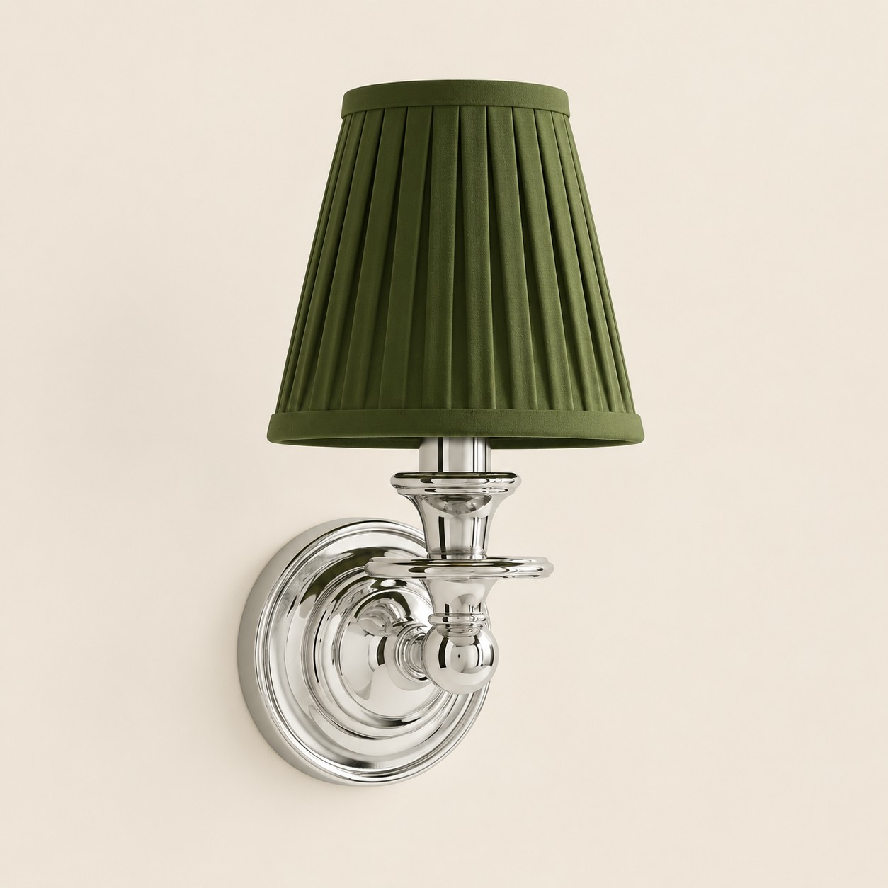 Wren tapered fabric wall sconce, Chrome, Green Pleated