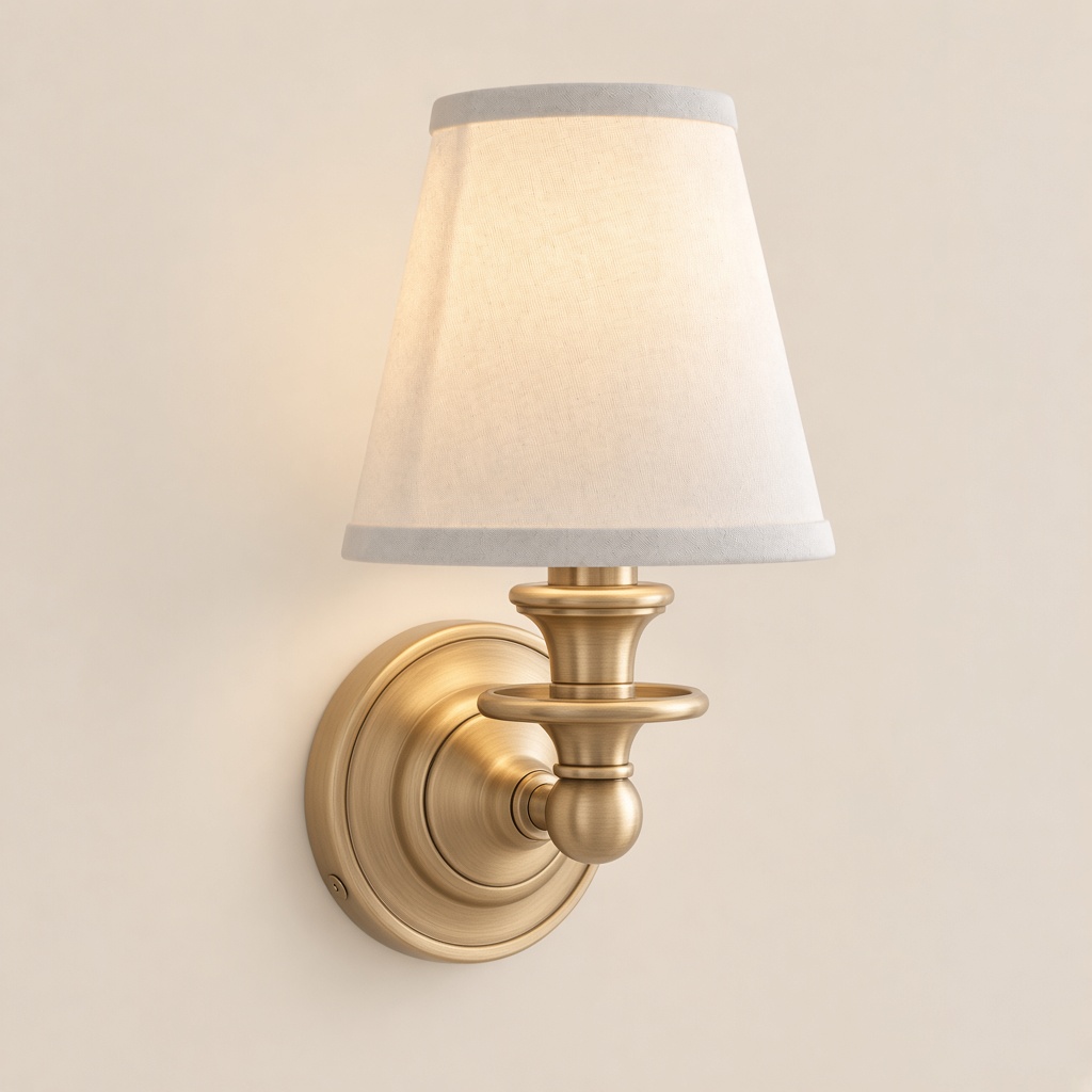 Wren tapered fabric wall sconce, Brass, White Plain