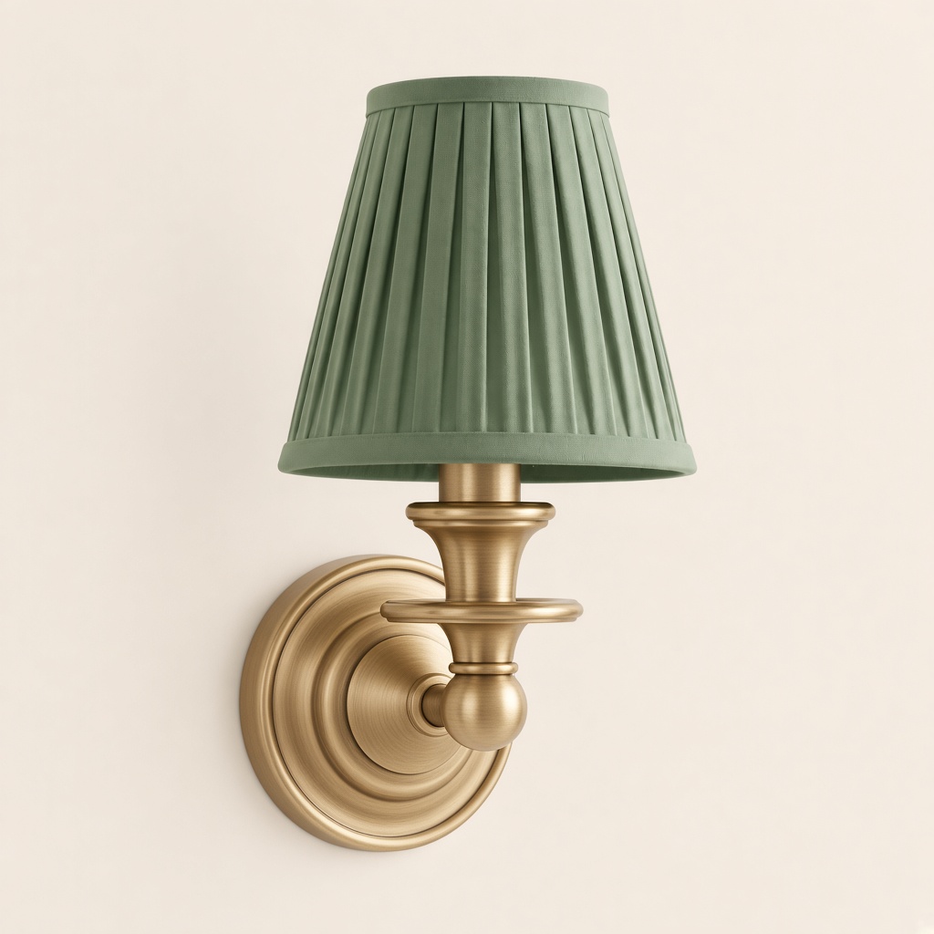 Wren tapered fabric wall sconce, Brass, Sage Green Pleated