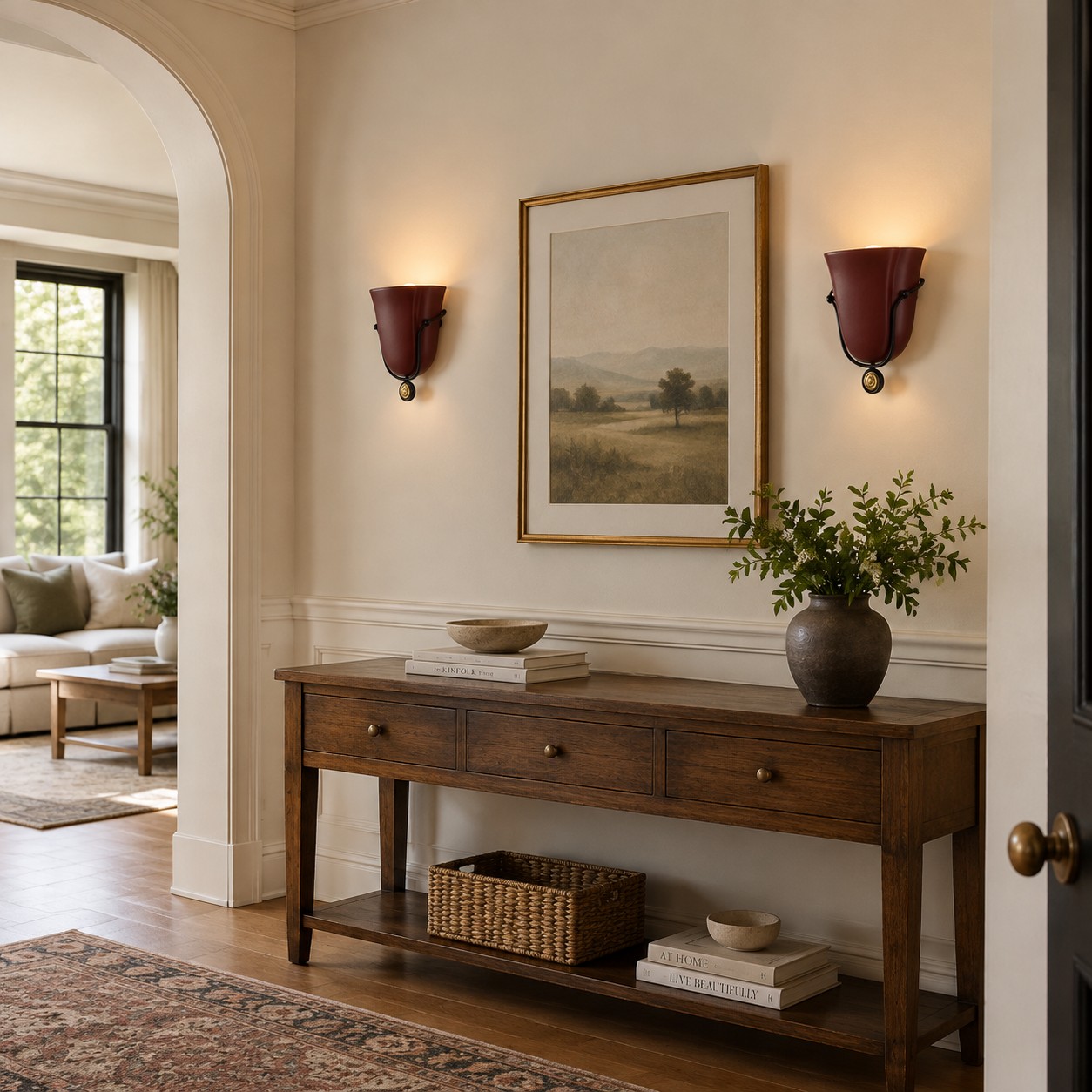Paired Ceramic / Wine Red sconces over an entry console