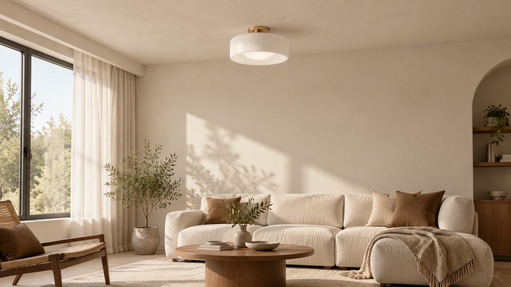 Pia white porcelain drum flush mount in a sunlit living room, lights off