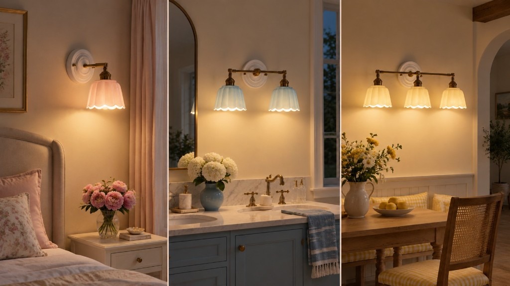 The same three Lior wall sconces after dark, ceramic shades glowing