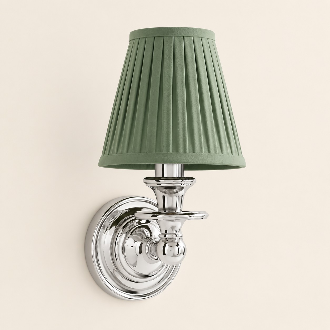 Wren tapered fabric wall sconce, Chrome, Sage Green Pleated