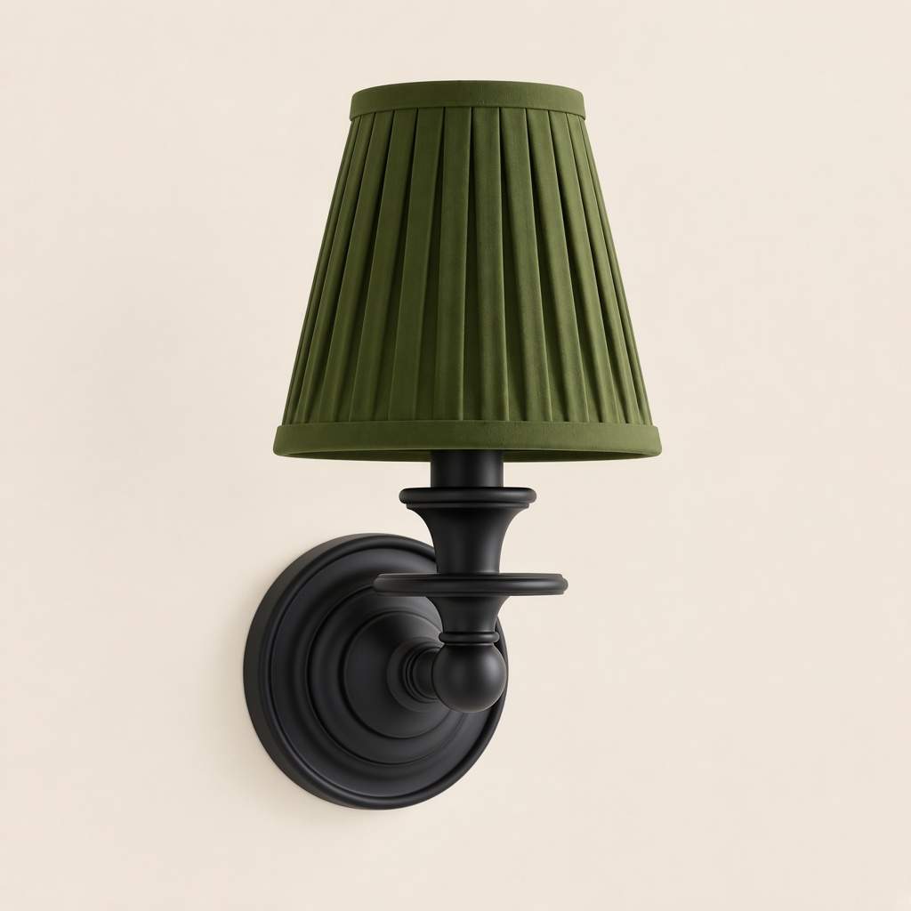 Wren tapered fabric wall sconce, Black, Green Pleated