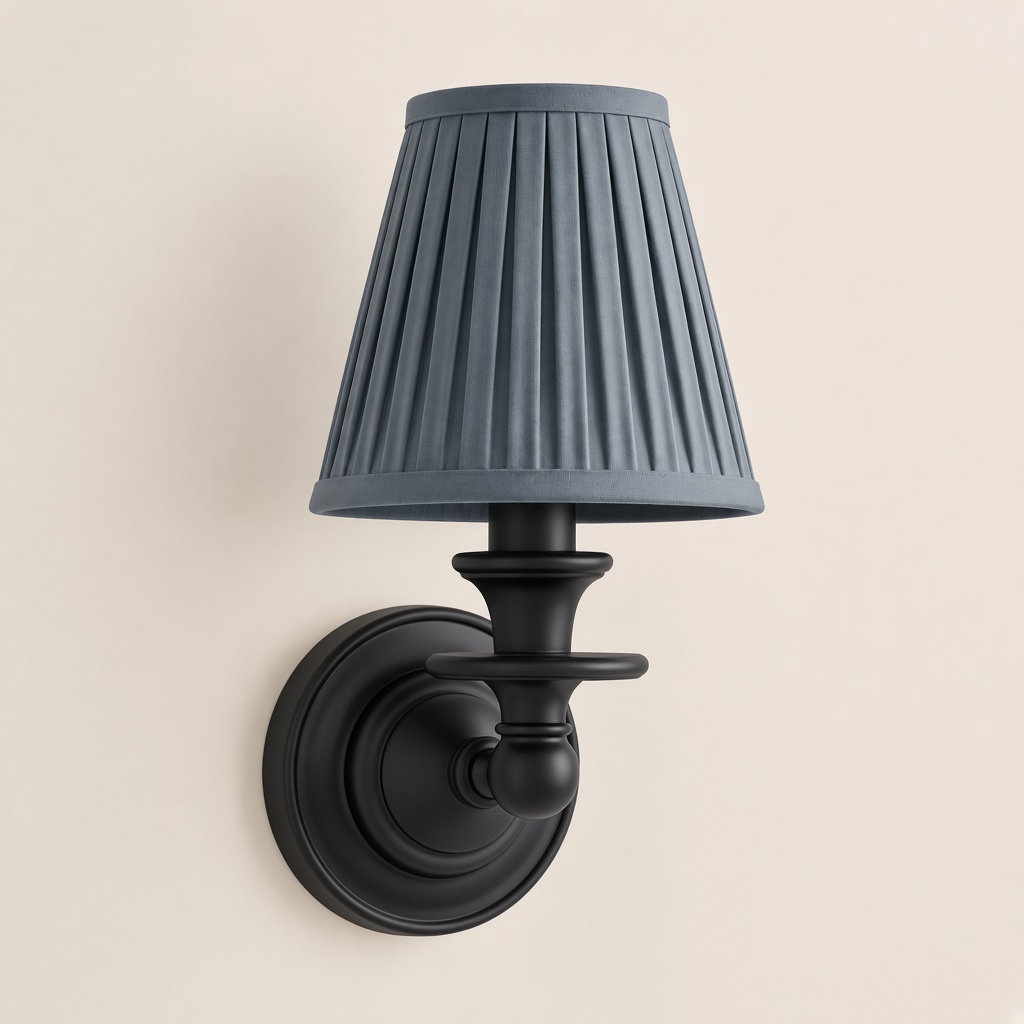 Wren tapered fabric wall sconce, Black, Dusty Blue Pleated