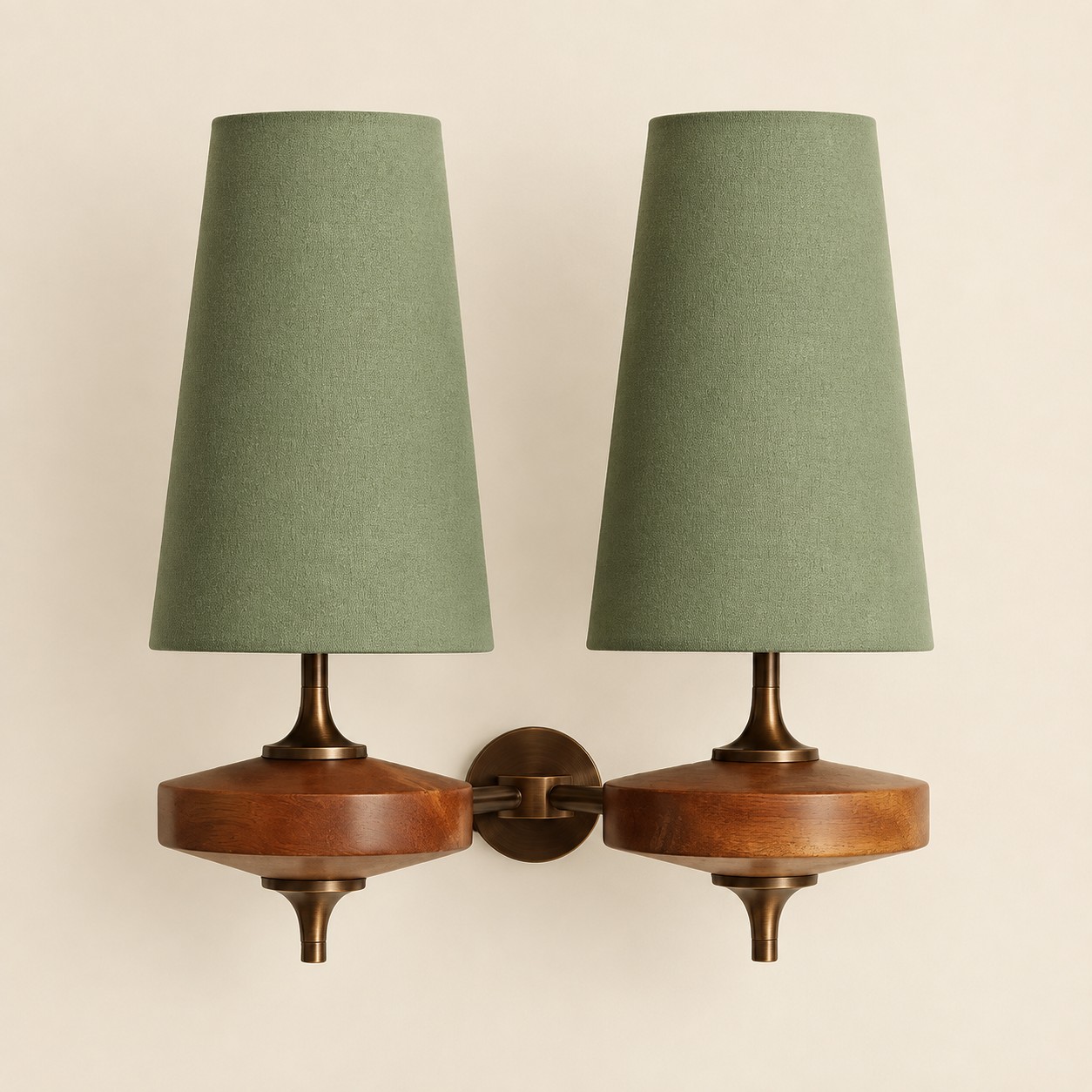 Hour Rho wall lamp, 2 heads, Walnut color & Sage Green