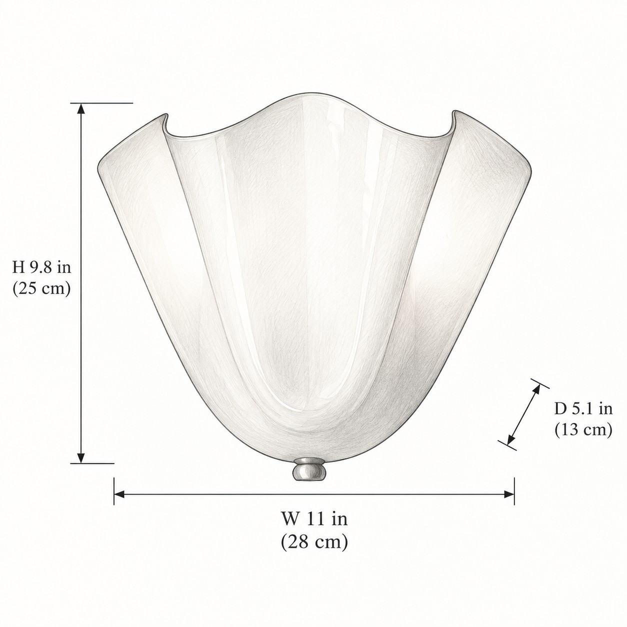 Glass dimension drawing: W 11 in / 28 cm, H 9.8 in / 25 cm, D 5.1 in / 13 cm
