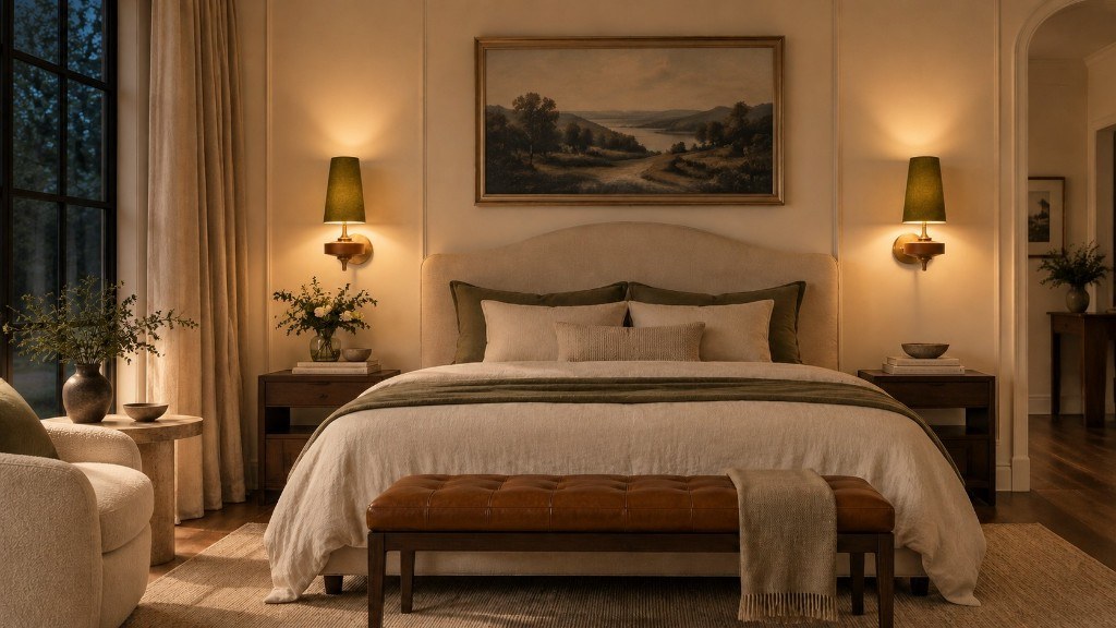 The same bedroom after dark, green Hour Rho shades glowing