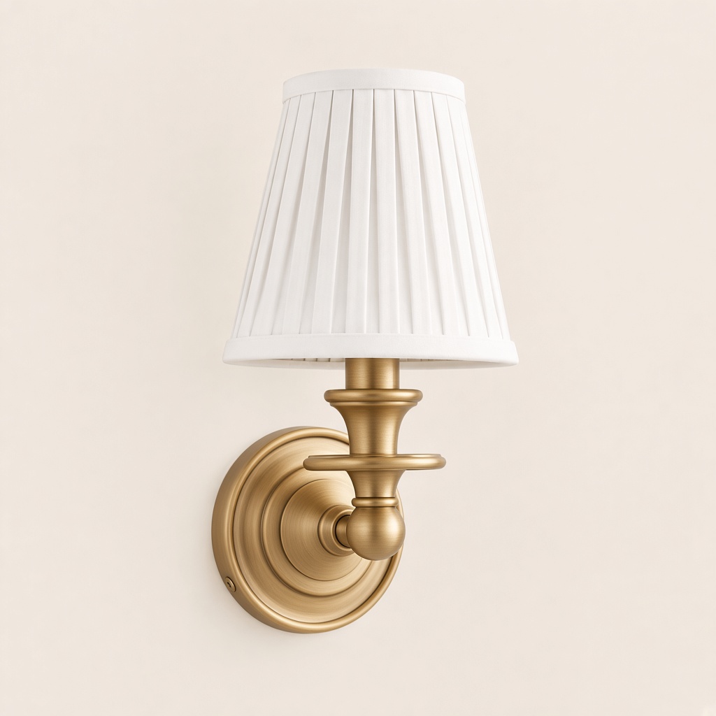 Wren tapered fabric wall sconce, Brass, White Pleated