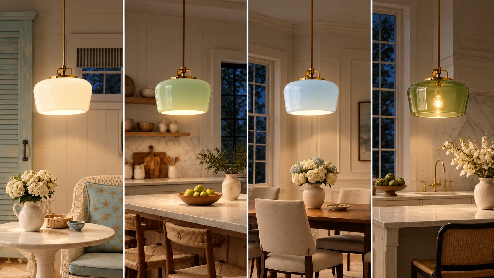 The same four Nella glass drums after dark, lights on