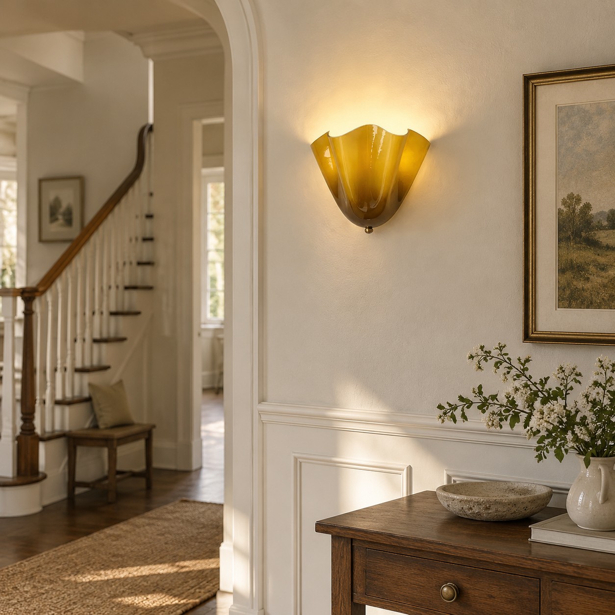 Green glass sconce on a stair hall wall
