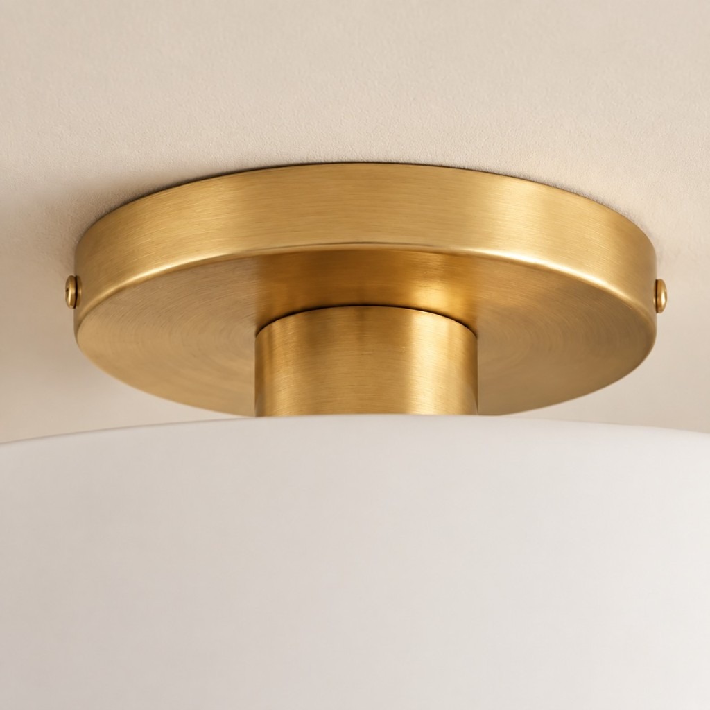 Brushed gold circular canopy and short stem above a white porcelain drum