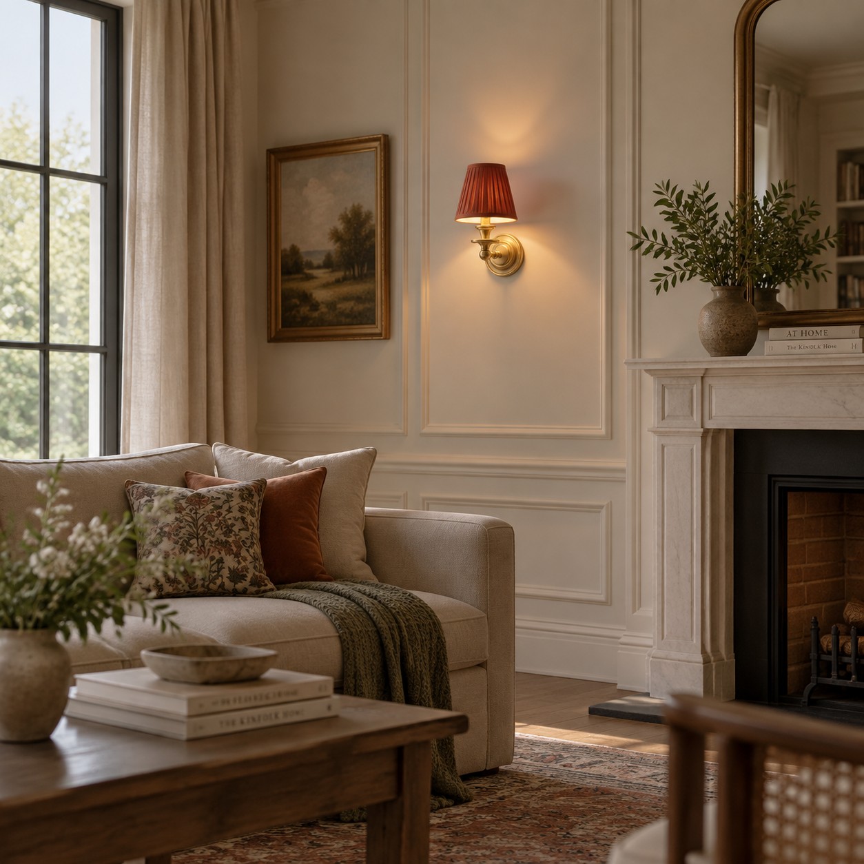 A rust Wren over a cream sofa and marble fireplace