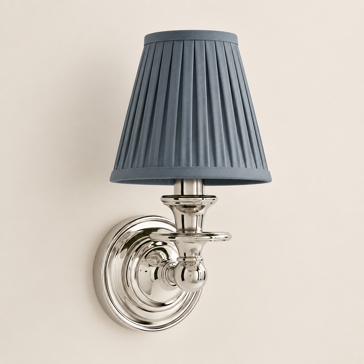 Wren tapered fabric wall sconce, Chrome, Dusty Blue Pleated