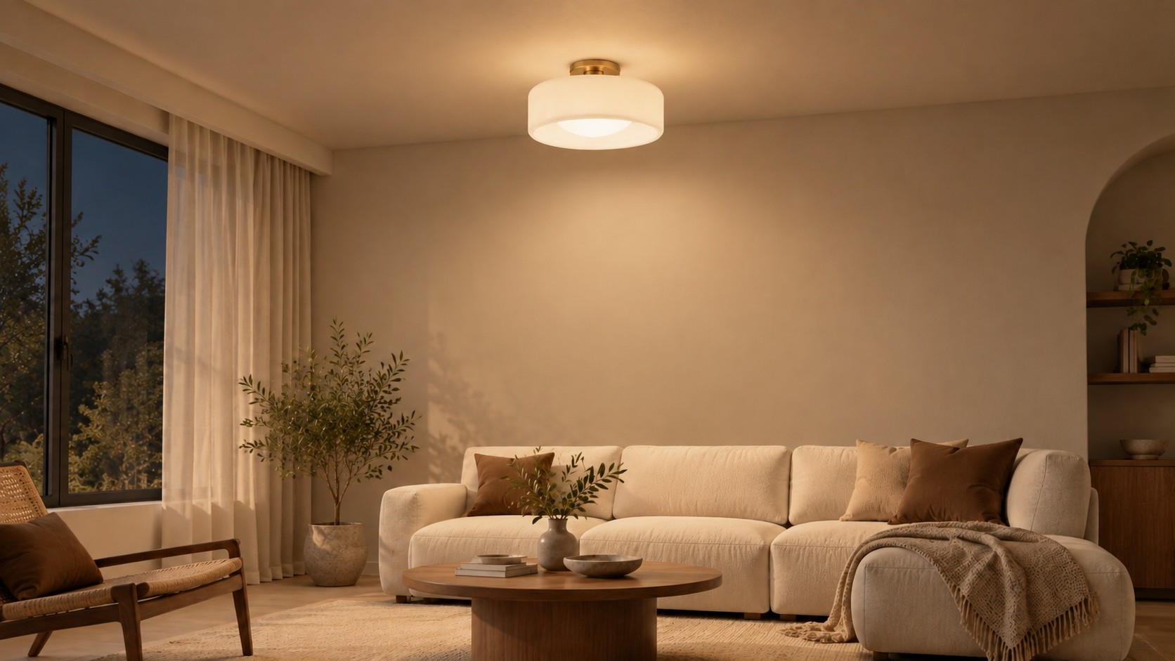 Pia white porcelain drum flush mount in the same living room after dark, lights on