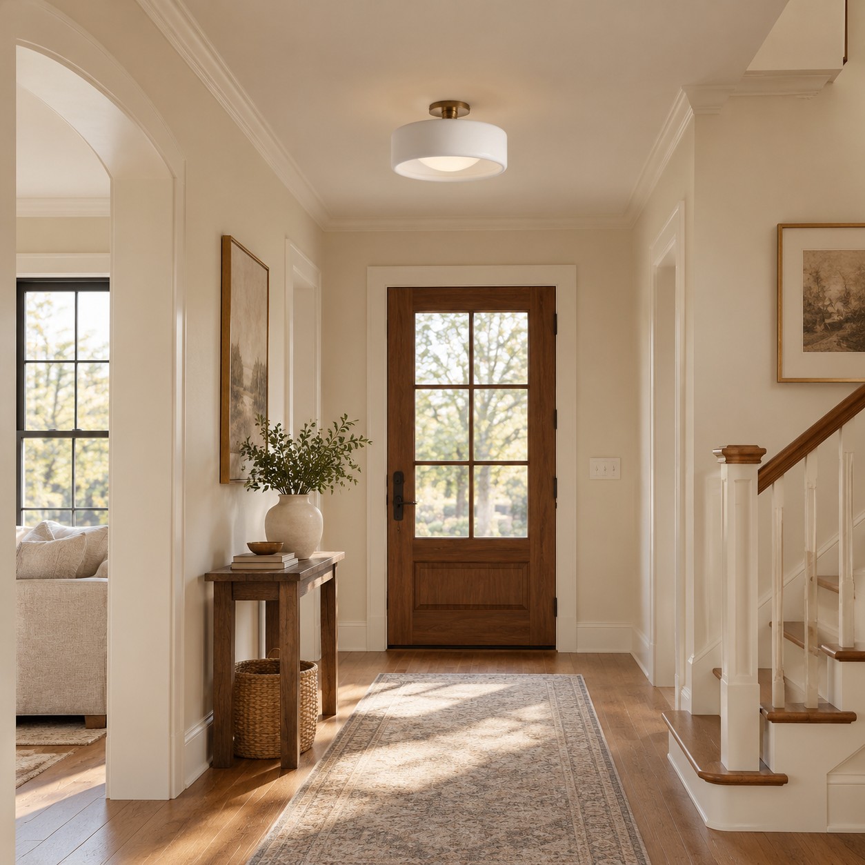 White drum in a stair hall with a wood door
