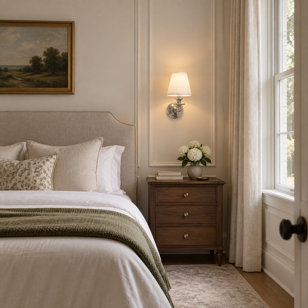A white pleated Wren over a walnut nightstand