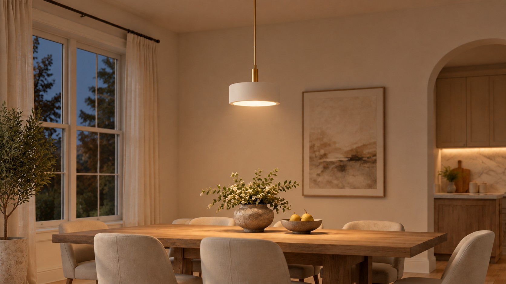 Alba 14 inch porcelain drum pendant over the same dining table after dark