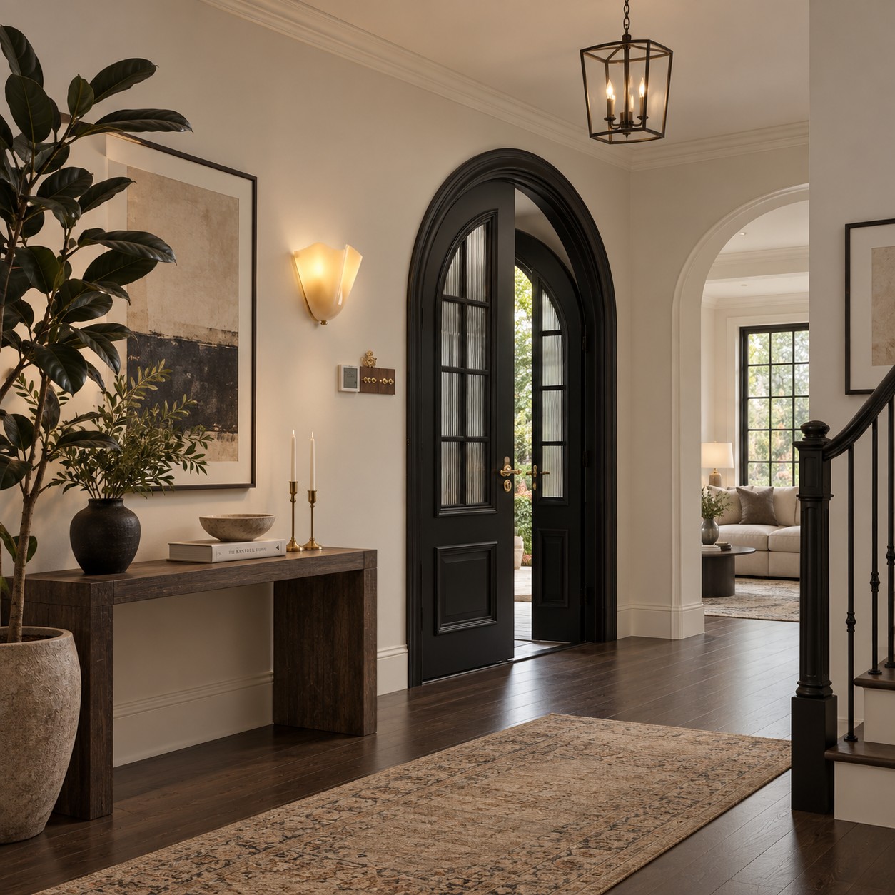 Beige White glass sconce in a living room with an arched doorway