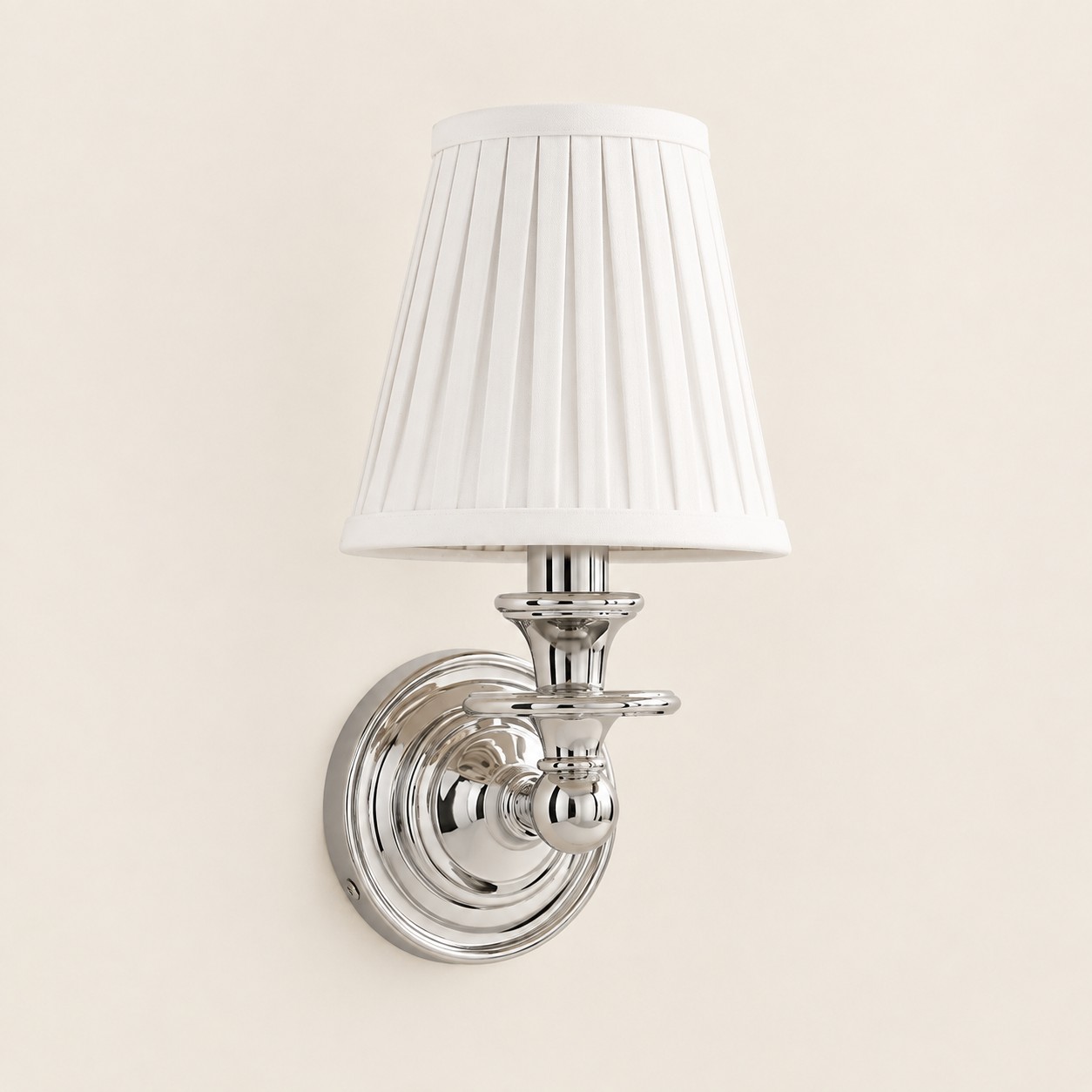 Wren tapered fabric wall sconce, Chrome, White Pleated