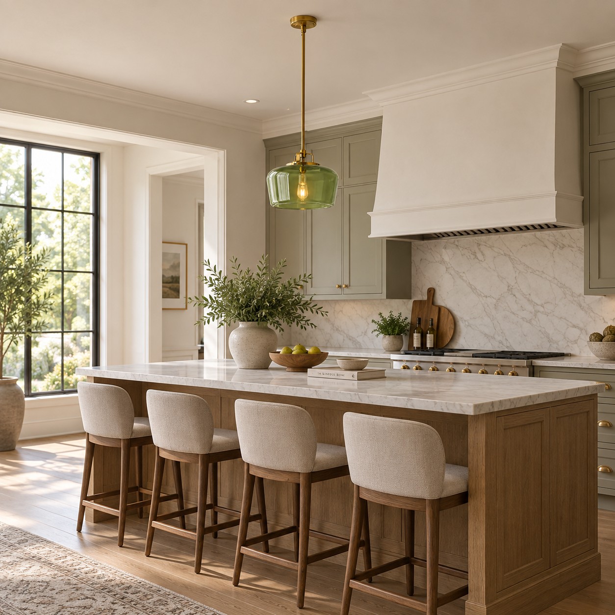 Clear olive glass drum over a marble kitchen island