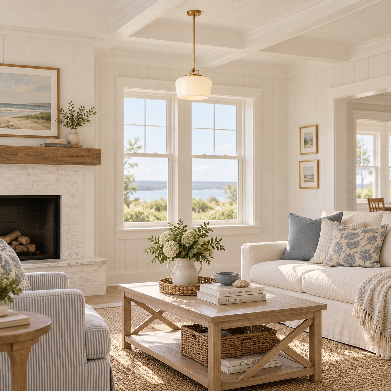 Milk glass drum in a white living room facing the water