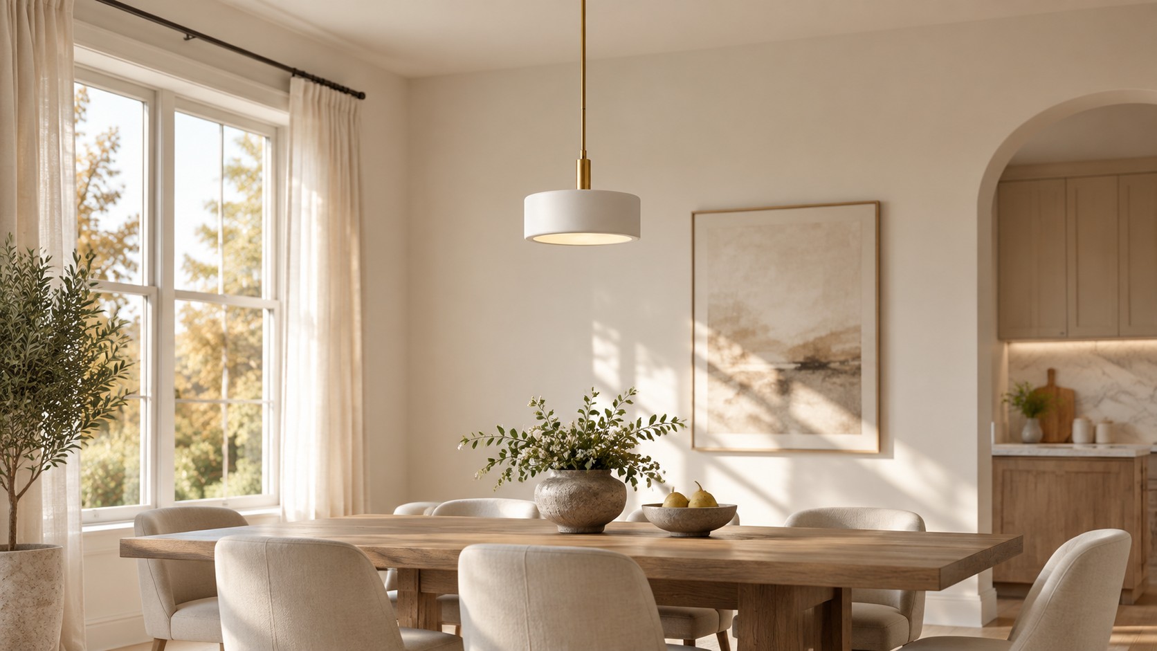 Alba 14 inch porcelain drum pendant over a sunlit dining table, daylight