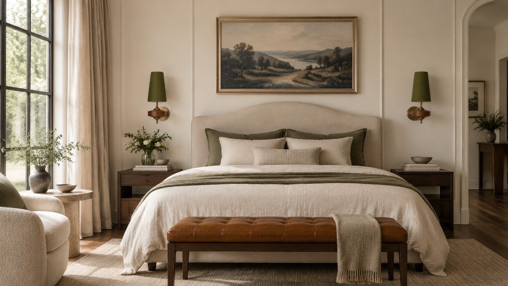 A pair of green Hour Rho wall lamps flanking a linen bed in daylight
