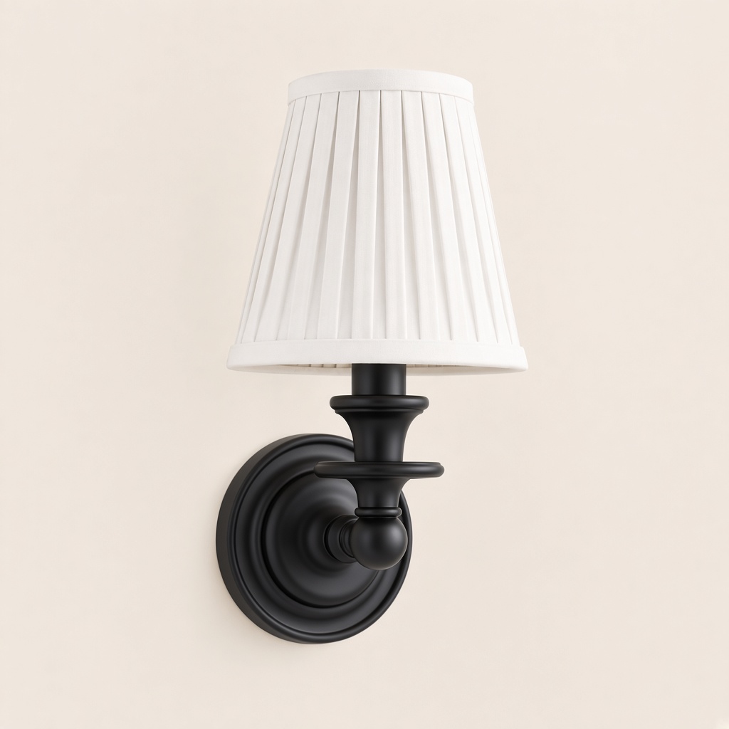Wren tapered fabric wall sconce, Black, White Pleated