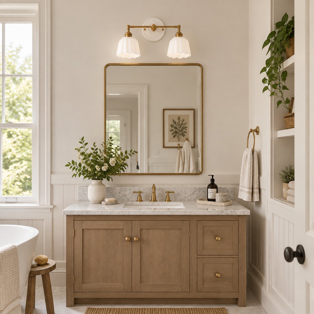 White two-light Lior over a wood bathroom vanity and brass mirror