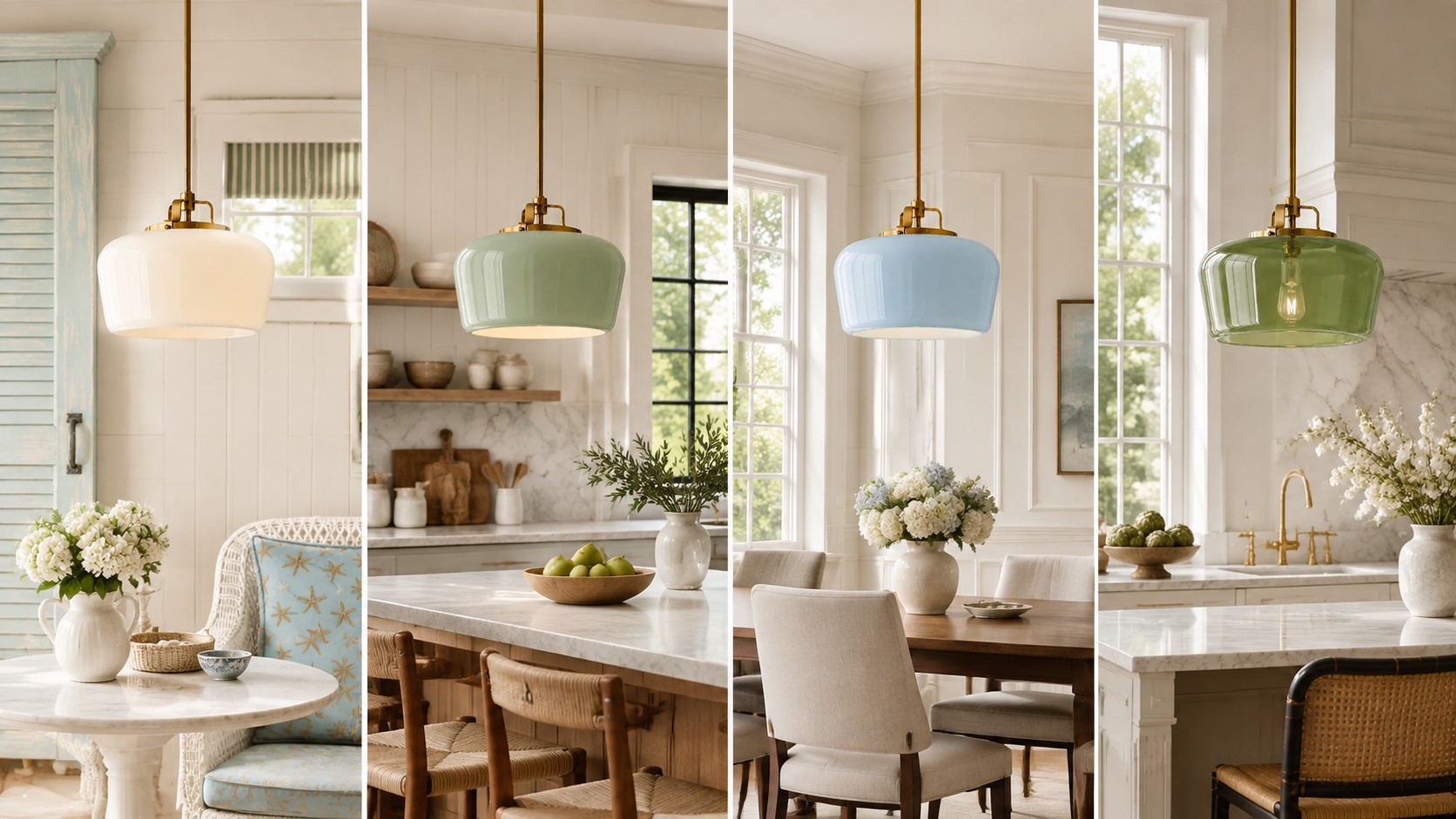 Four Nella glass drums in daylight rooms: milk, sage, blue, and olive