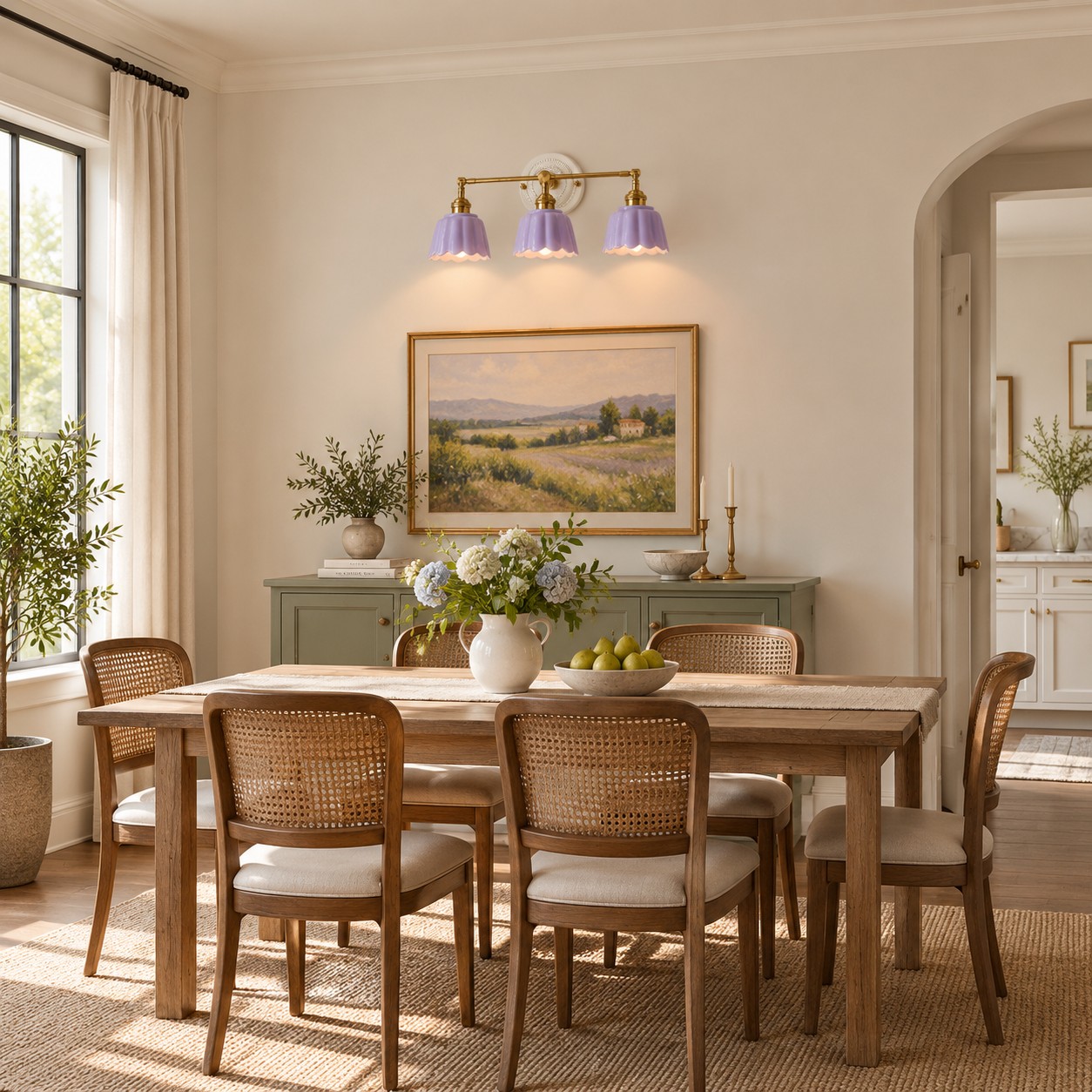 Mauve three-light Lior above a dining sideboard