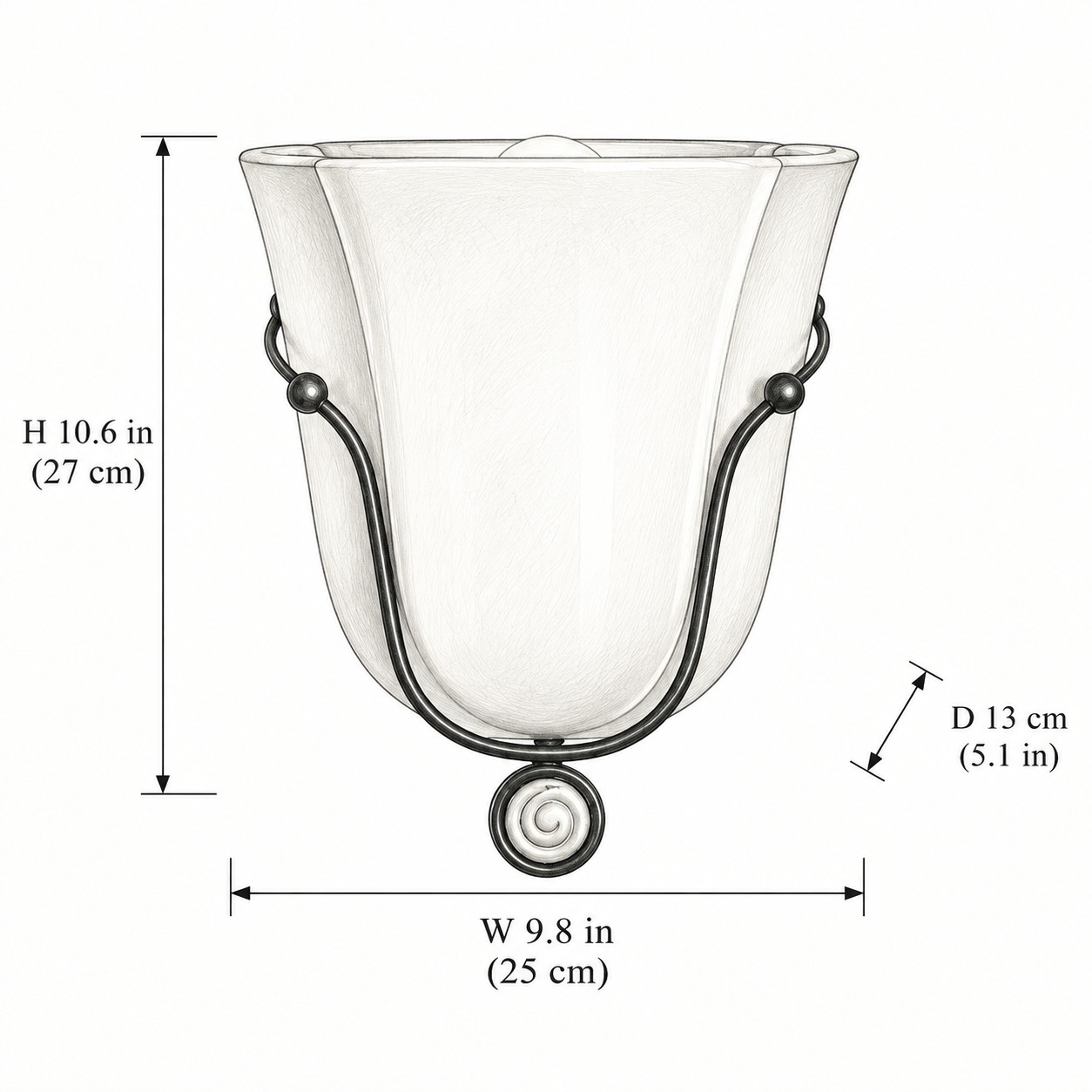 Ceramic dimension drawing: W 9.8 in / 25 cm, H 10.6 in / 27 cm, D 5.1 in / 13 cm